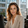 Een vrouw met een headset glimlacht terwijl ze aan een bureau zit in een moderne kantoorsetting.
