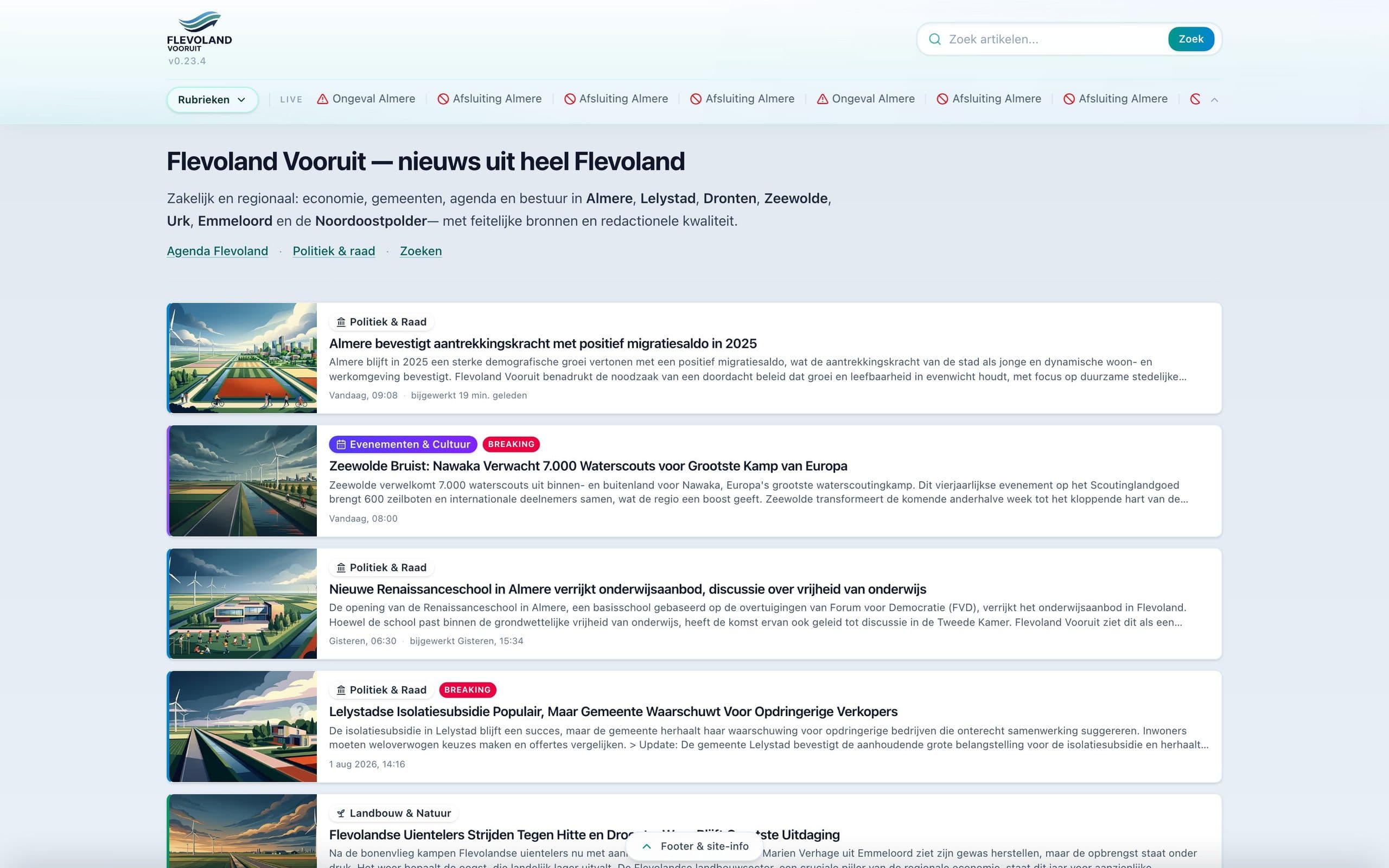 De voorpagina van flevolandvooruit.nl met AI-geschreven regionaal nieuws.