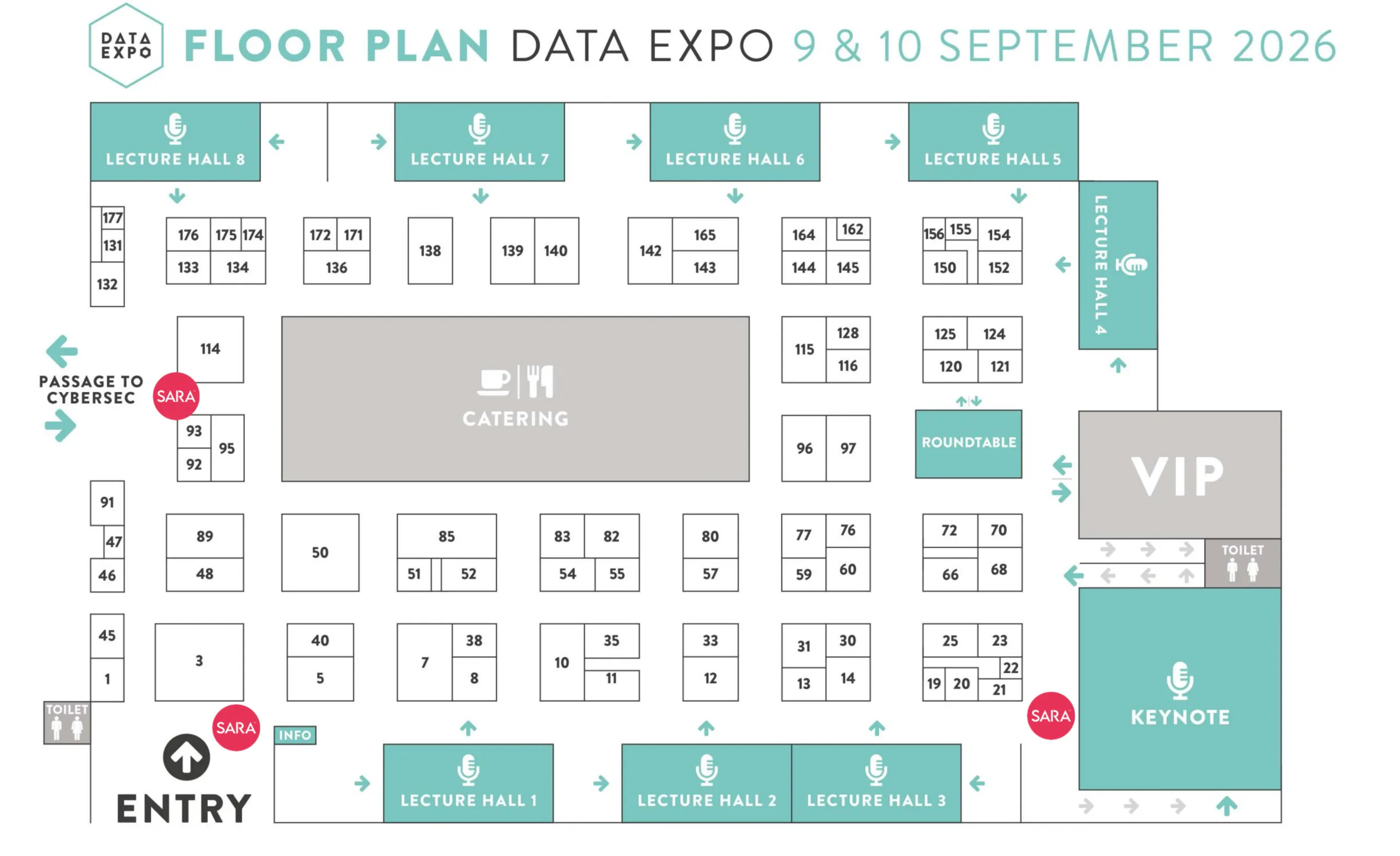 Officiële Data Expo 2026-plattegrond met hallen, stands en SARA-locaties.