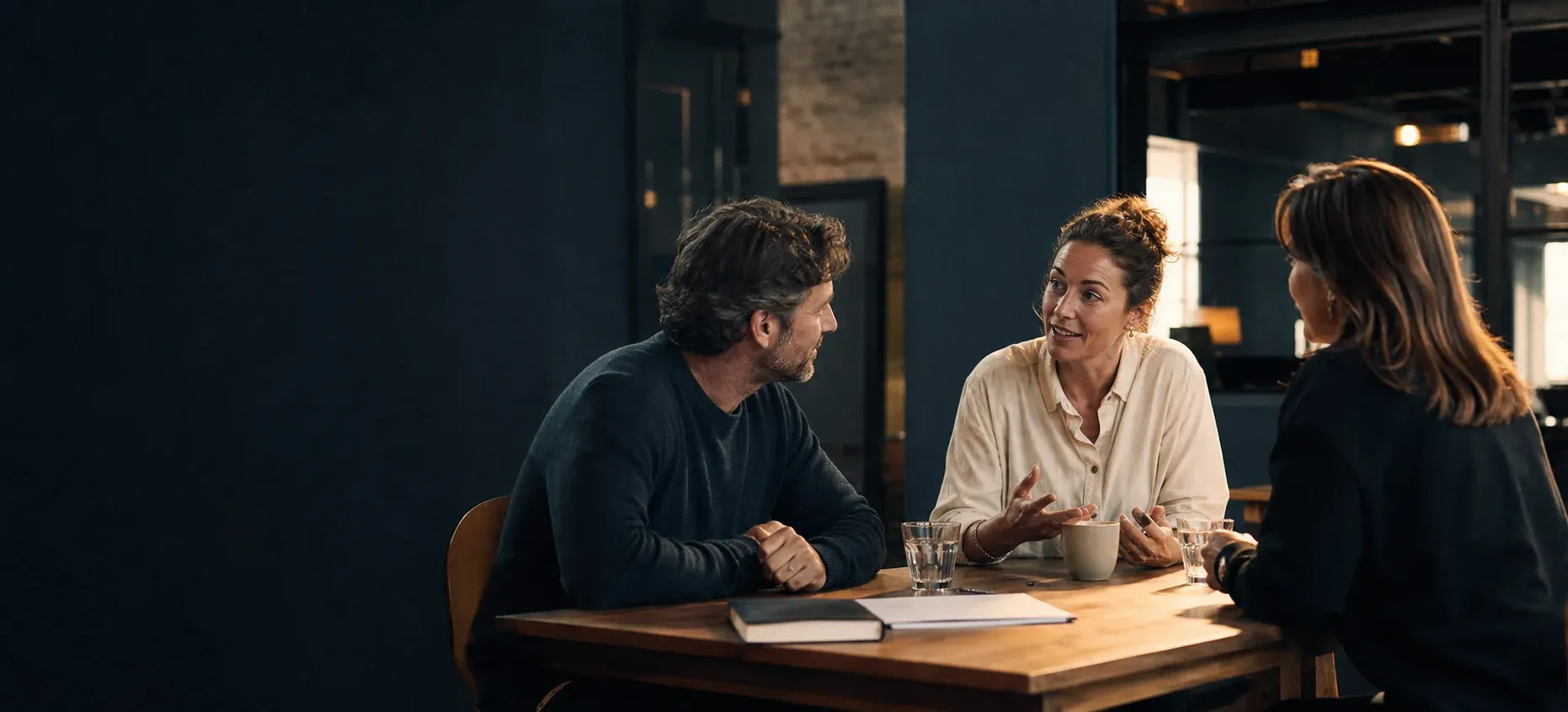 Drie professionals in gesprek rond een tafel tijdens een zakelijke introductie.