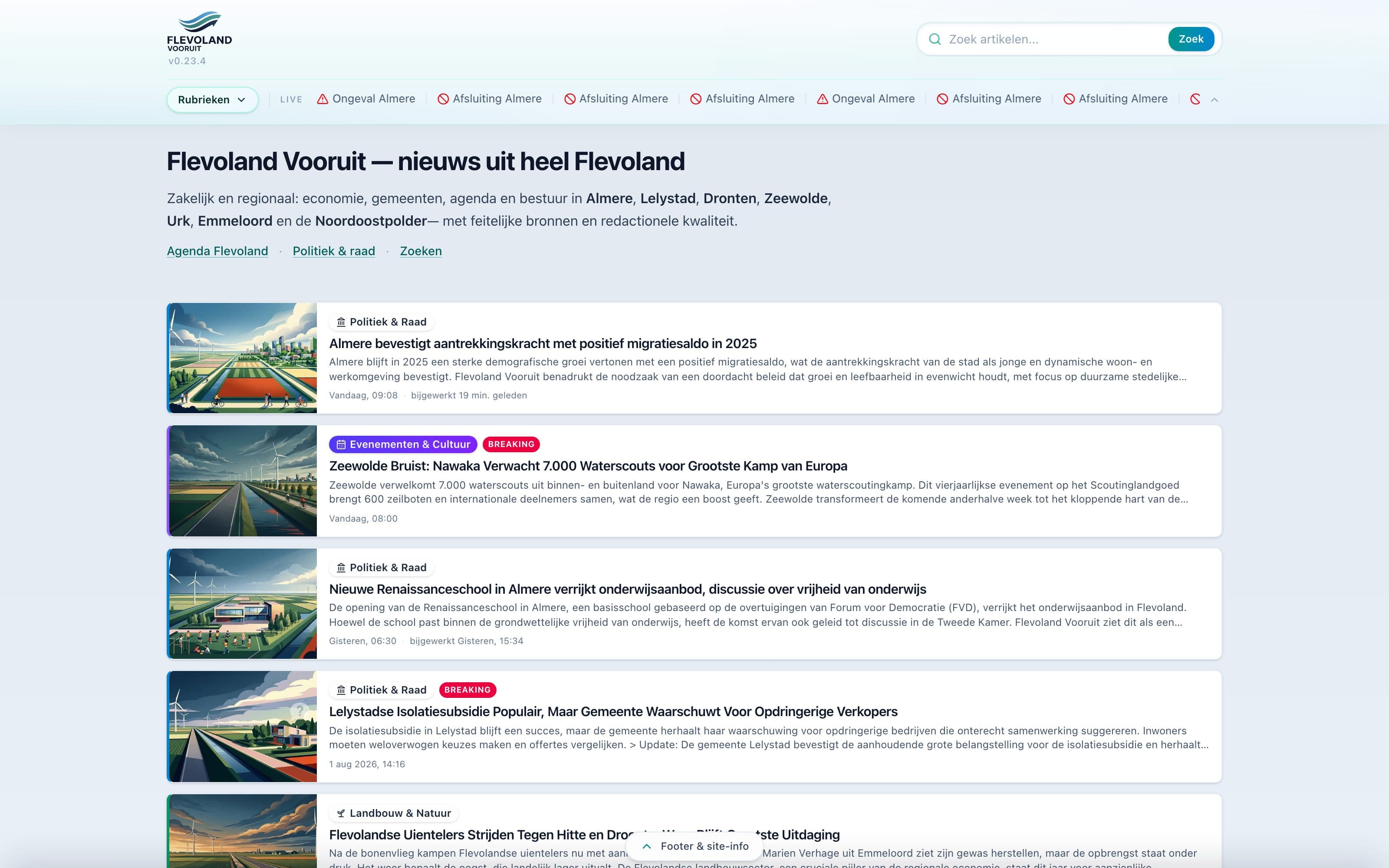 De voorpagina van flevolandvooruit.nl met AI-geschreven regionaal nieuws.