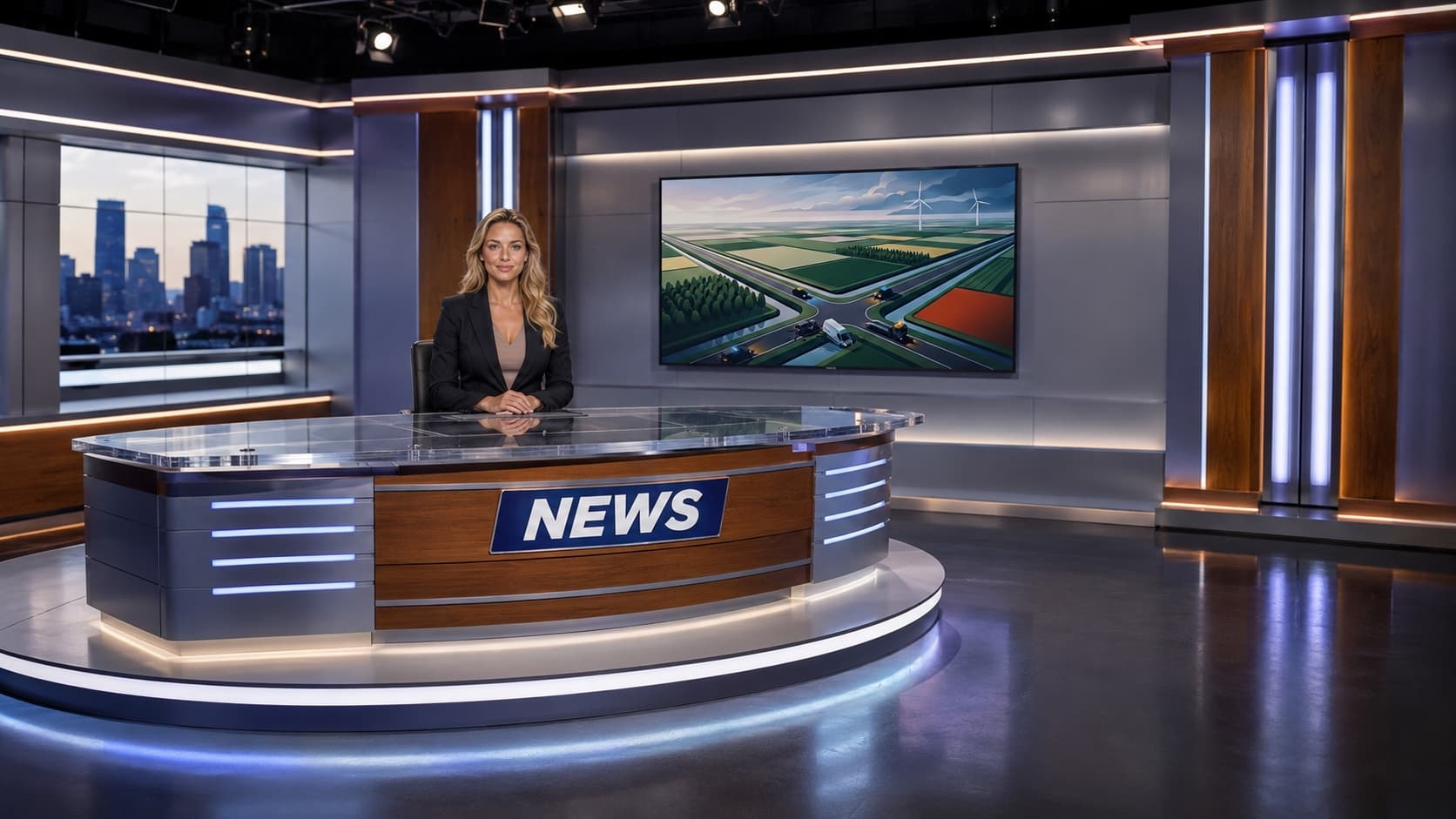 AI-gegenereerde nieuwsstudio, rechtstreeks uit de SoMe Studio-videopipeline.
